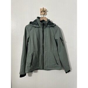 Free Country Women’s Soft Shell Hooded Fleece Jacket Olive Green Thumb Holes Med